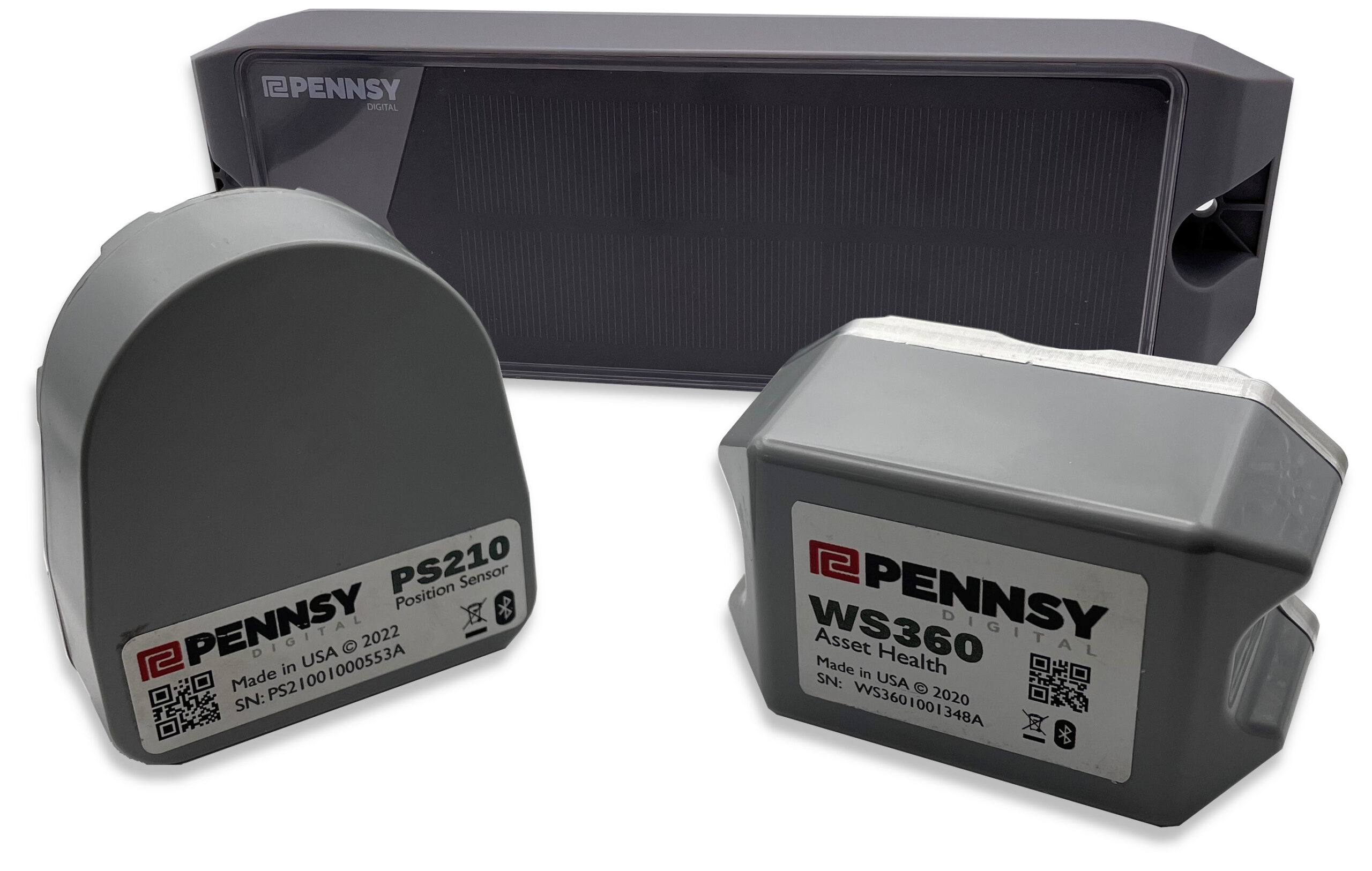 Pennsy Digital's Devices. From left to right: PS210 Position Sensor, MG105 Mobile Gateway, and WS360 Asset Health Sensor